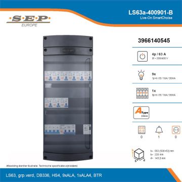 SEP Live-On SmartChoise, LS63a-400901-B, 63A, 3-fase groepenkast, 9-lichtgroepen, 1-krachtgroepen, 1-beltrafo, technische details
