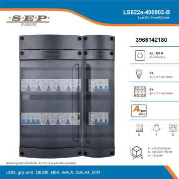 SEP Live-On SmartChoise, LS622a-400902-B, 63A, 3-fase groepenkast, 9-lichtgroepen, 2-krachtgroepen, 1-beltrafo, technische details