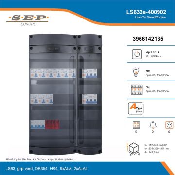 SEP Live-On SmartChoise, LS633a-400902, 63A, 3-fase groepenkast, 9-lichtgroepen, 2-krachtgroepen, technische details