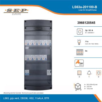 SEP Live-On SmartChoise, LS63a-201100-B, 63A, 3-fase groepenkast, 11-lichtgroepen, 1-beltrafo, technische details