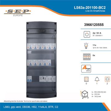 SEP Live-On SmartChoise, LS63a-201100-BC2, 63A, 3-fase groepenkast, 11-lichtgroepen, 1-beltrafo,  2V-contactdoos, technische details