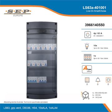 SEP Live-On SmartChoise, LS63a-401001, 63A, 3-fase groepenkast, 10-lichtgroepen, 1-krachtgroepen, technische details