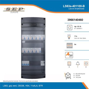 SEP Live-On SmartChoise, LS63a-401100-B, 63A, 3-fase groepenkast, 11-lichtgroepen, 1-beltrafo, technische details