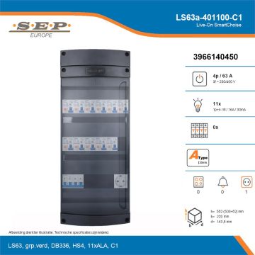 SEP Live-On SmartChoise, LS63a-401100-C1, 63A, 3-fase groepenkast, 11-lichtgroepen,  1V-contactdoos, technische details