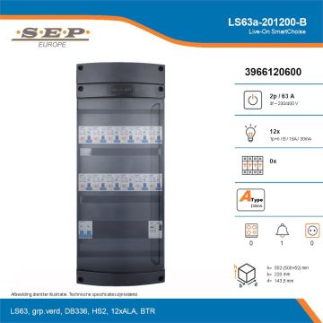 SEP Live-On SmartChoise, LS63a-201200-B, 63A, 3-fase groepenkast, 12-lichtgroepen, 1-beltrafo, technische details