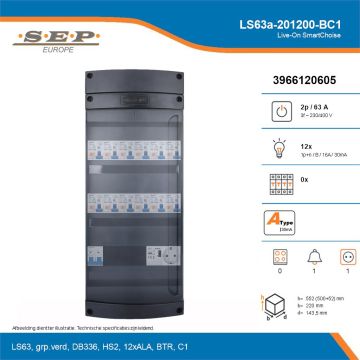 SEP Live-On SmartChoise, LS63a-201200-BC1, 63A, 3-fase groepenkast, 12-lichtgroepen, 1-beltrafo,  1V-contactdoos, technische details