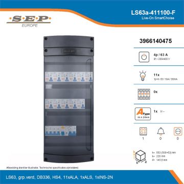 SEP Live-On SmartChoise, LS63a-411100-F, 63A, 3-fase groepenkast, 11-lichtgroepen, 1-fornuisgroep, technische details