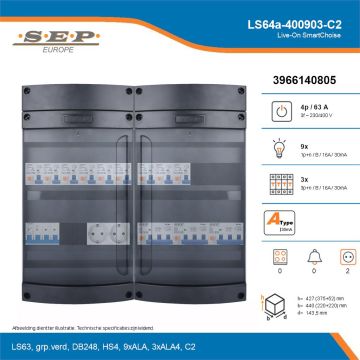 SEP Live-On SmartChoise, LS64a-400903-C2, 63A, 3-fase groepenkast, 9-lichtgroepen, 3-krachtgroepen,  2V-contactdoos, technische details