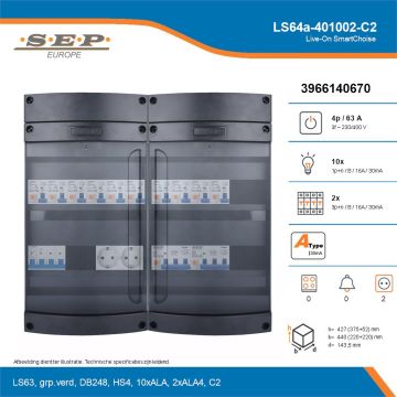 SEP Live-On SmartChoise, LS64a-401002-C2, 63A, 3-fase groepenkast, 10-lichtgroepen, 2-krachtgroepen,  2V-contactdoos, technische details