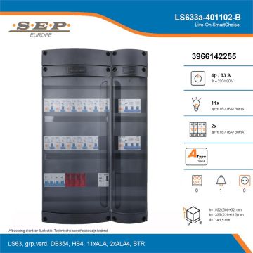 SEP Live-On SmartChoise, LS633a-401102-B, 63A, 3-fase groepenkast, 11-lichtgroepen, 2-krachtgroepen, 1-beltrafo, technische details