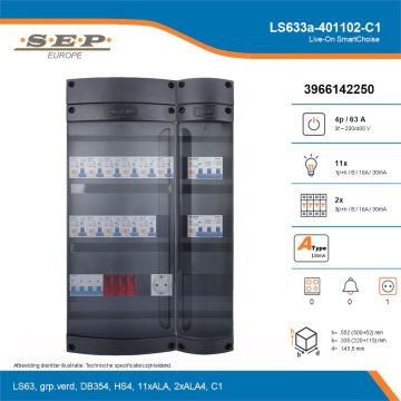 SEP Live-On SmartChoise, LS633a-401102-C1, 63A, 3-fase groepenkast, 11-lichtgroepen, 2-krachtgroepen,  1V-contactdoos, technische details