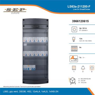 SEP Live-On SmartChoise, LS63a-211200-F, 63A, 3-fase groepenkast, 12-lichtgroepen, 1-fornuisgroep, technische details