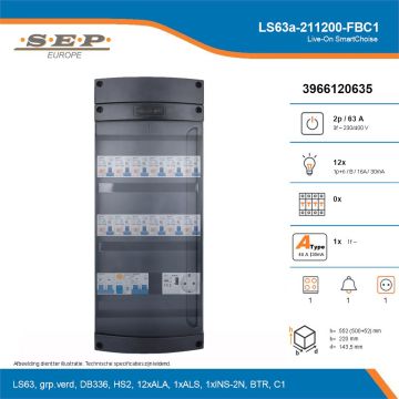 SEP Live-On SmartChoise, LS63a-211200-FBC1, 63A, 3-fase groepenkast, 12-lichtgroepen, 1-fornuisgroep, 1-beltrafo,  1V-contactdoos, technische details
