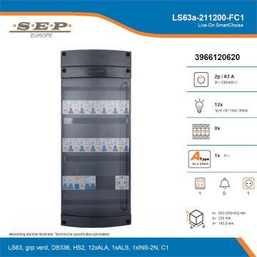 SEP Live-On SmartChoise, LS63a-211200-FC1, 63A, 3-fase groepenkast, 12-lichtgroepen, 1-fornuisgroep,  1V-contactdoos, technische details