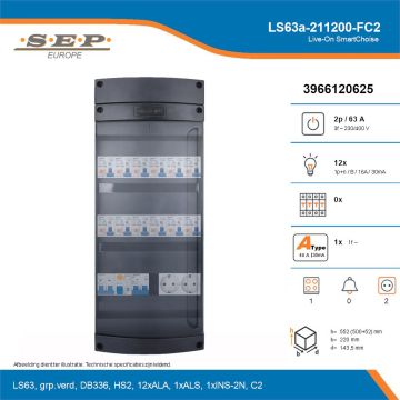 SEP Live-On SmartChoise, LS63a-211200-FC2, 63A, 3-fase groepenkast, 12-lichtgroepen, 1-fornuisgroep,  2V-contactdoos, technische details