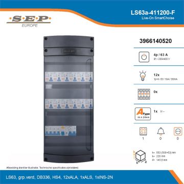 SEP Live-On SmartChoise, LS63a-411200-F, 63A, 3-fase groepenkast, 12-lichtgroepen, 1-fornuisgroep, technische details