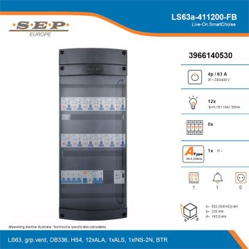 SEP Live-On SmartChoise, LS63a-411200-FB, 63A, 3-fase groepenkast, 12-lichtgroepen, 1-fornuisgroep, 1-beltrafo, technische details