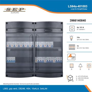 SEP Live-On SmartChoise, LS64a-401003, 63A, 3-fase groepenkast, 10-lichtgroepen, 3-krachtgroepen, technische details