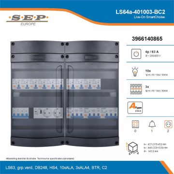 SEP Live-On SmartChoise, LS64a-401003-BC2, 63A, 3-fase groepenkast, 10-lichtgroepen, 3-krachtgroepen, 1-beltrafo,  2V-contactdoos, technische details