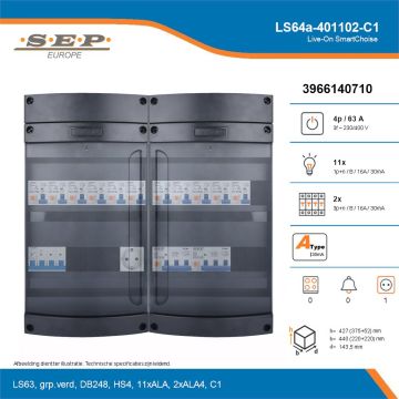 SEP Live-On SmartChoise, LS64a-401102-C1, 63A, 3-fase groepenkast, 11-lichtgroepen, 2-krachtgroepen,  1V-contactdoos, technische details
