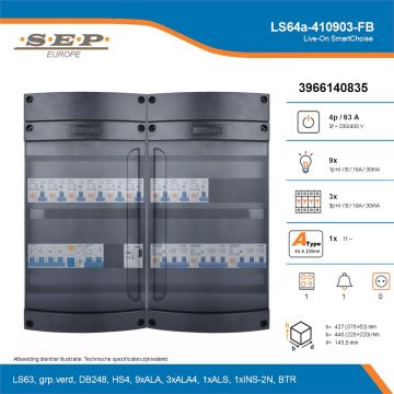 SEP Live-On SmartChoise, LS64a-410903-FB, 63A, 3-fase groepenkast, 9-lichtgroepen, 3-krachtgroepen, 1-fornuisgroep, 1-beltrafo, technische details