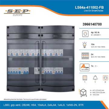 SEP Live-On SmartChoise, LS64a-411002-FB, 63A, 3-fase groepenkast, 10-lichtgroepen, 2-krachtgroepen, 1-fornuisgroep, 1-beltrafo, technische details