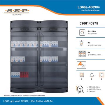 SEP Live-On SmartChoise, LS66a-400904, 63A, 3-fase groepenkast, 9-lichtgroepen, 4-krachtgroepen, technische details