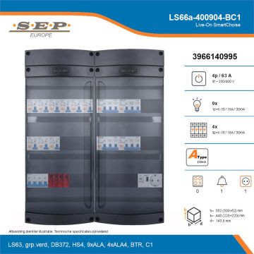 SEP Live-On SmartChoise, LS66a-400904-BC1, 63A, 3-fase groepenkast, 9-lichtgroepen, 4-krachtgroepen, 1-beltrafo,  1V-contactdoos, technische details