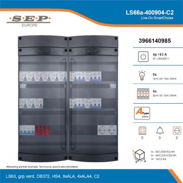 SEP Live-On SmartChoise, LS66a-400904-C2, 63A, 3-fase groepenkast, 9-lichtgroepen, 4-krachtgroepen,  2V-contactdoos, technische details