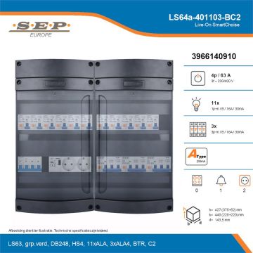 SEP Live-On SmartChoise, LS64a-401103-BC2, 63A, 3-fase groepenkast, 11-lichtgroepen, 3-krachtgroepen, 1-beltrafo,  2V-contactdoos, technische details
