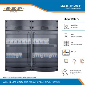 SEP Live-On SmartChoise, LS64a-411003-F, 63A, 3-fase groepenkast, 10-lichtgroepen, 3-krachtgroepen, 1-fornuisgroep, technische details