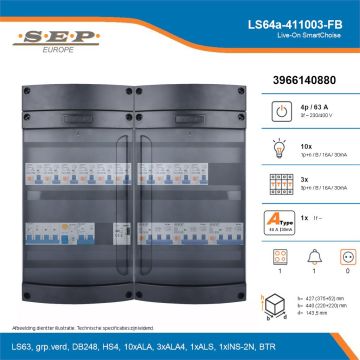SEP Live-On SmartChoise, LS64a-411003-FB, 63A, 3-fase groepenkast, 10-lichtgroepen, 3-krachtgroepen, 1-fornuisgroep, 1-beltrafo, technische details