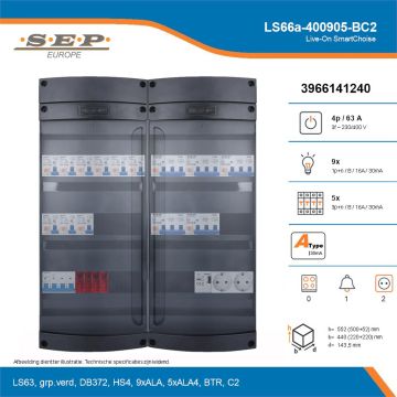 SEP Live-On SmartChoise, LS66a-400905-BC2, 63A, 3-fase groepenkast, 9-lichtgroepen, 5-krachtgroepen, 1-beltrafo,  2V-contactdoos, technische details