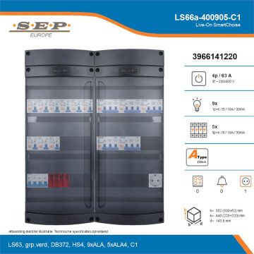 SEP Live-On SmartChoise, LS66a-400905-C1, 63A, 3-fase groepenkast, 9-lichtgroepen, 5-krachtgroepen,  1V-contactdoos, technische details