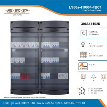 SEP Live-On SmartChoise, LS66a-410904-FBC1, 63A, 3-fase groepenkast, 9-lichtgroepen, 4-krachtgroepen, 1-fornuisgroep, 1-beltrafo,  1V-contactdoos, technische details