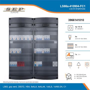SEP Live-On SmartChoise, LS66a-410904-FC1, 63A, 3-fase groepenkast, 9-lichtgroepen, 4-krachtgroepen, 1-fornuisgroep,  1V-contactdoos, technische details