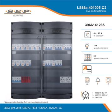 SEP Live-On SmartChoise, LS66a-401005-C2, 63A, 3-fase groepenkast, 10-lichtgroepen, 5-krachtgroepen,  2V-contactdoos, technische details