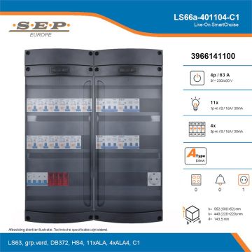 SEP Live-On SmartChoise, LS66a-401104-C1, 63A, 3-fase groepenkast, 11-lichtgroepen, 4-krachtgroepen,  1V-contactdoos, technische details