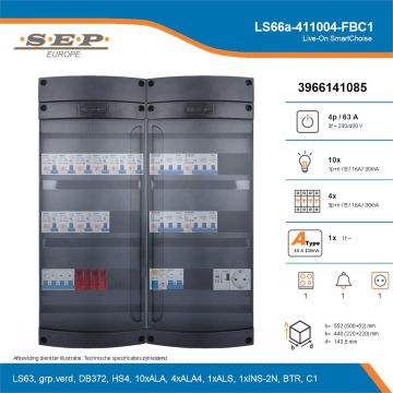 SEP Live-On SmartChoise, LS66a-411004-FBC1, 63A, 3-fase groepenkast, 10-lichtgroepen, 4-krachtgroepen, 1-fornuisgroep, 1-beltrafo,  1V-contactdoos, technische details