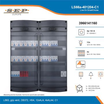 SEP Live-On SmartChoise, LS66a-401204-C1, 63A, 3-fase groepenkast, 12-lichtgroepen, 4-krachtgroepen,  1V-contactdoos, technische details