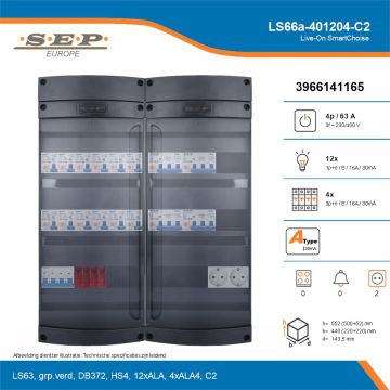 SEP Live-On SmartChoise, LS66a-401204-C2, 63A, 3-fase groepenkast, 12-lichtgroepen, 4-krachtgroepen,  2V-contactdoos, technische details