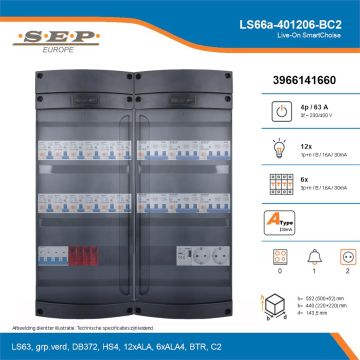SEP Live-On SmartChoise, LS66a-401206-BC2, 63A, 3-fase groepenkast, 12-lichtgroepen, 6-krachtgroepen, 1-beltrafo,  2V-contactdoos, technische details