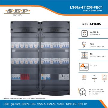 SEP Live-On SmartChoise, LS66a-411206-FBC1, 63A, 3-fase groepenkast, 12-lichtgroepen, 6-krachtgroepen, 1-fornuisgroep, 1-beltrafo,  1V-contactdoos, technische details