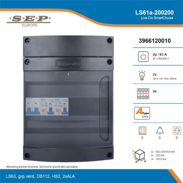 SEP Live-On SmartChoise, LS61a-200200, 63A, 3-fase groepenkast, 2-lichtgroepen, technische details