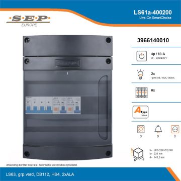 SEP Live-On SmartChoise, LS61a-400200, 63A, 3-fase groepenkast, 2-lichtgroepen, technische details