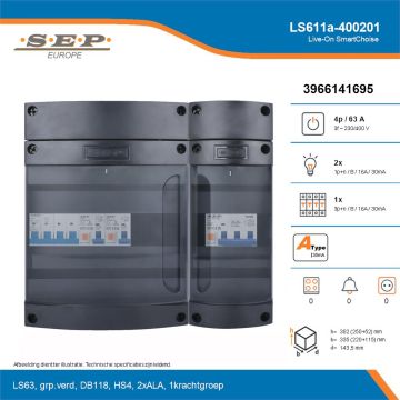 SEP Live-On SmartChoise, LS611a-400201, 63A, 3-fase groepenkast, 2-lichtgroepen, 1-krachtgroepen, technische details
