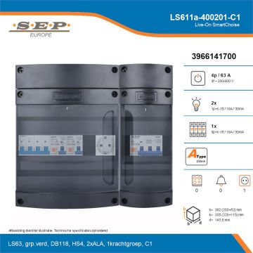 SEP Live-On SmartChoise, LS611a-400201-C1, 63A, 3-fase groepenkast, 2-lichtgroepen, 1-krachtgroepen,  1V-contactdoos, technische details