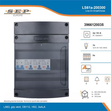 SEP Live-On SmartChoise, LS61a-200300, 63A, 3-fase groepenkast, 3-lichtgroepen, technische details