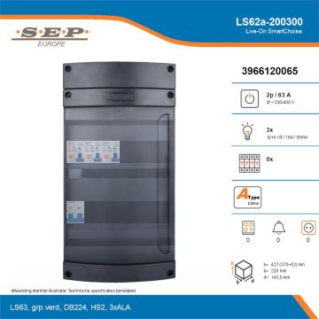 SEP Live-On SmartChoise, LS62a-200300, 63A, 3-fase groepenkast, 3-lichtgroepen, technische details
