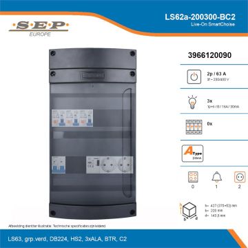 SEP Live-On SmartChoise, LS62a-200300-BC2, 63A, 3-fase groepenkast, 3-lichtgroepen, 1-beltrafo,  2V-contactdoos, technische details